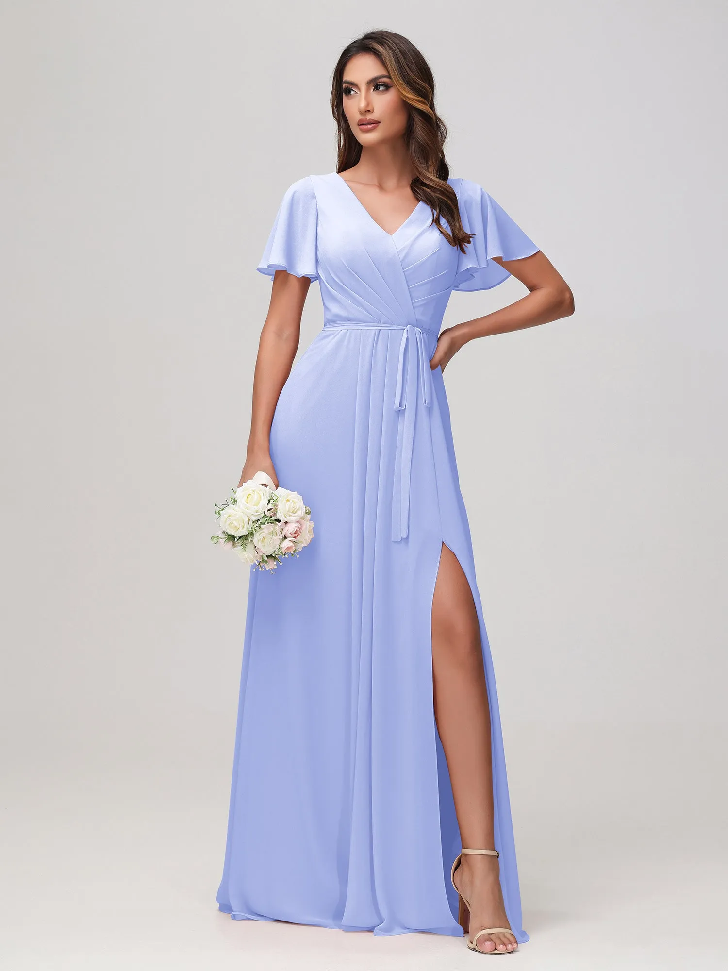 Flatterrmel Rüschen Chiffon Kleid mit Gürtel Lavendel