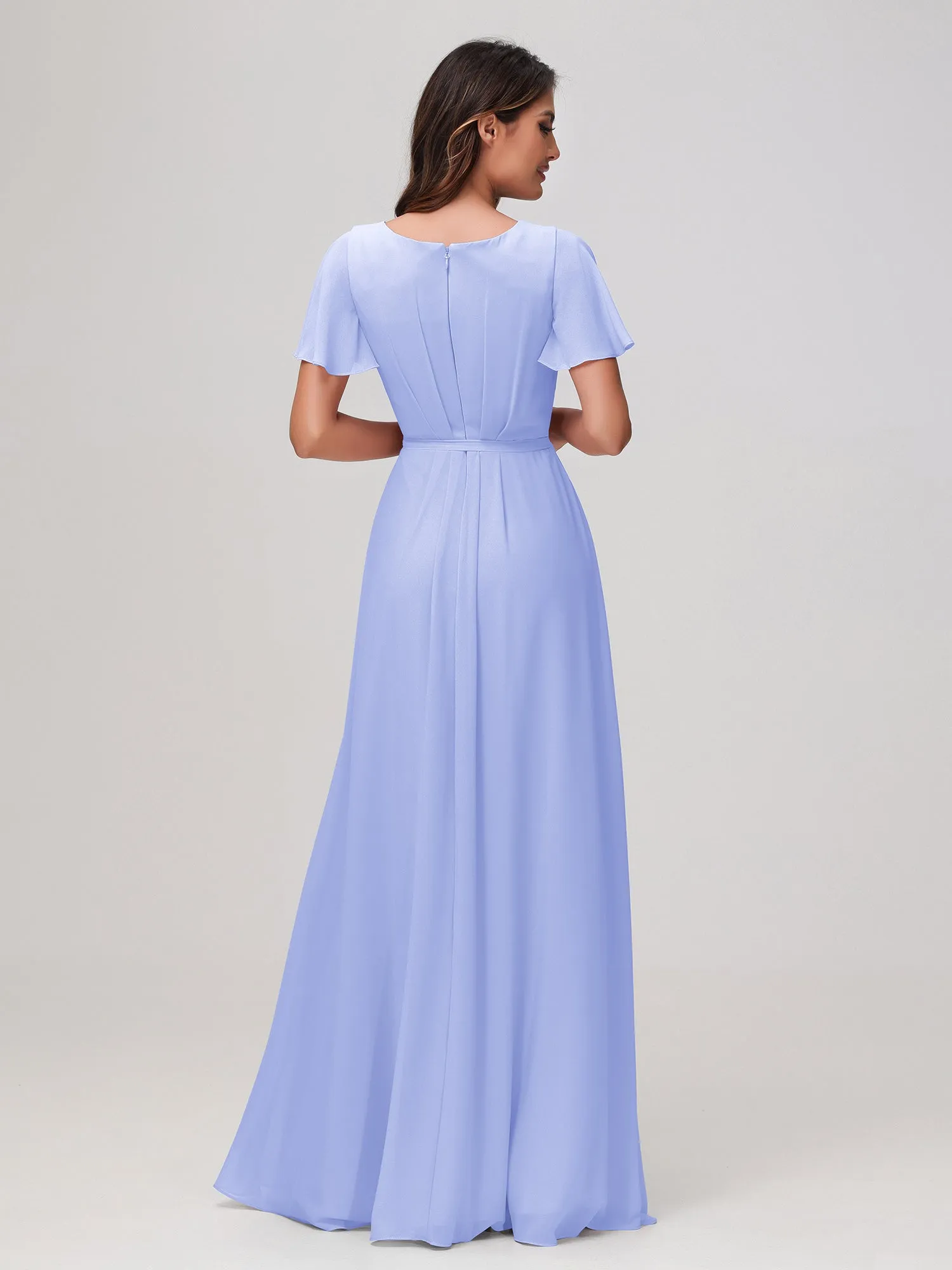 Flatterrmel Rüschen Chiffon Kleid mit Gürtel Lavendel
