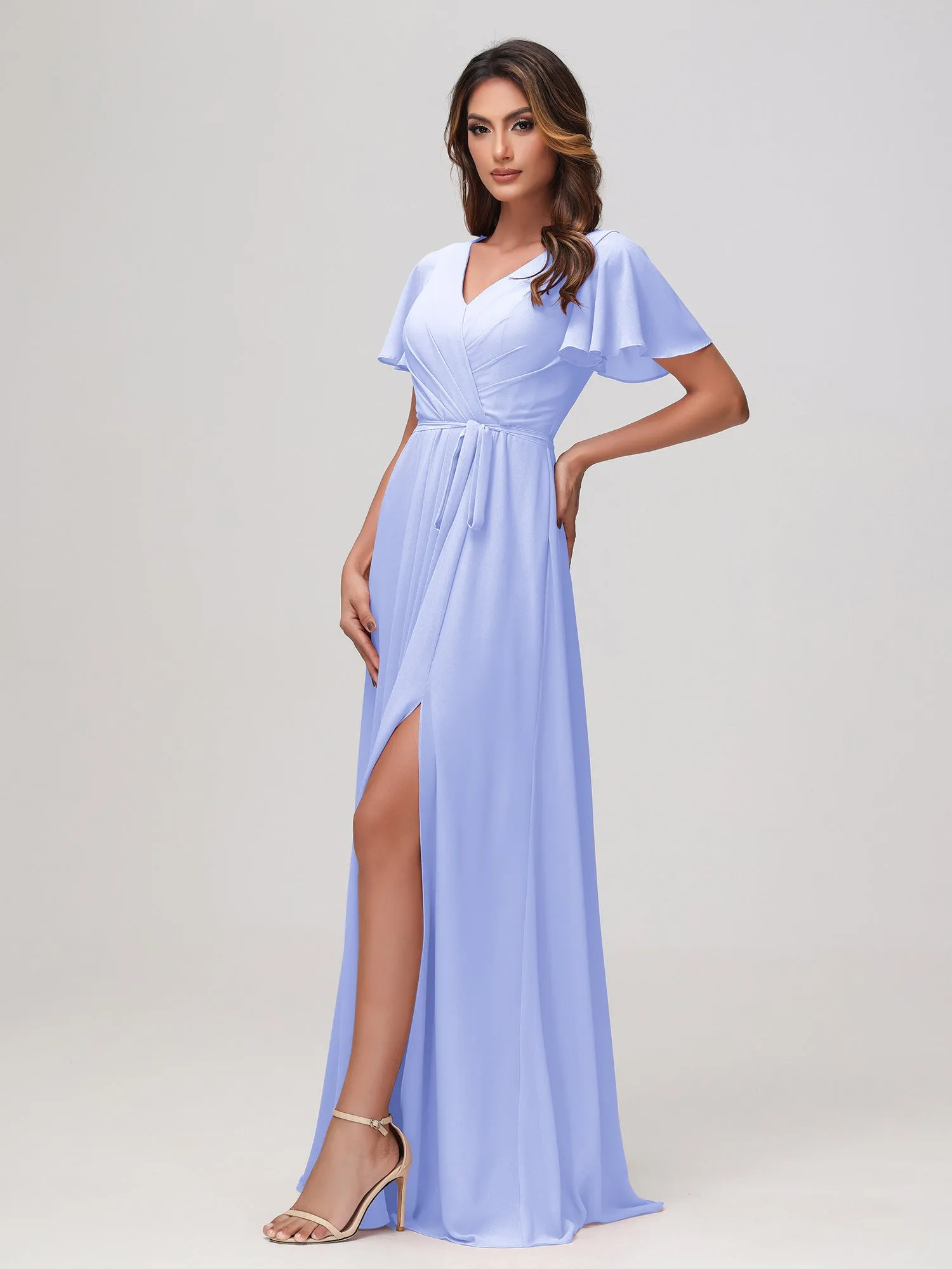 Flatterrmel Rüschen Chiffon Kleid mit Gürtel Lavendel